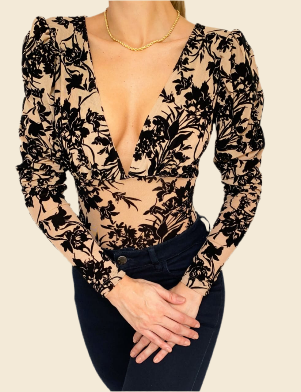 Nude and Black Floral Damask Velvet Print Bodysuit with Deep V Neck