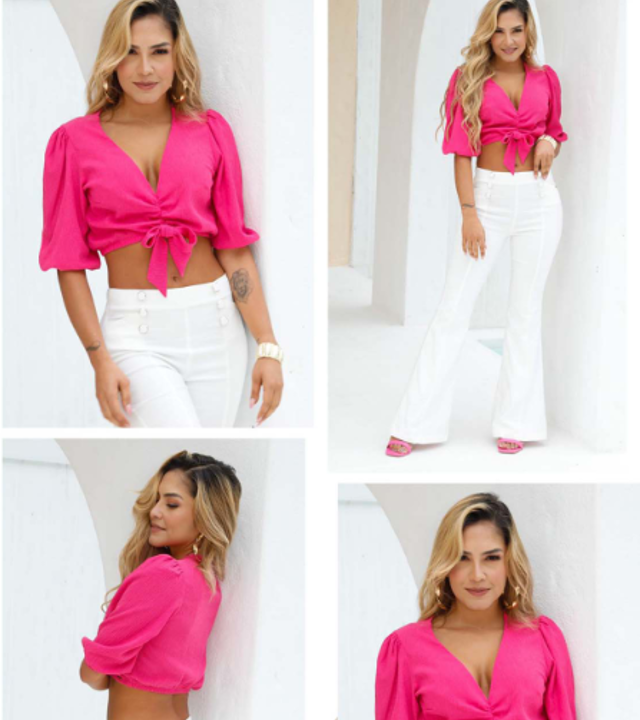 Knot Front Deep V-Neck Crop Top Blouse