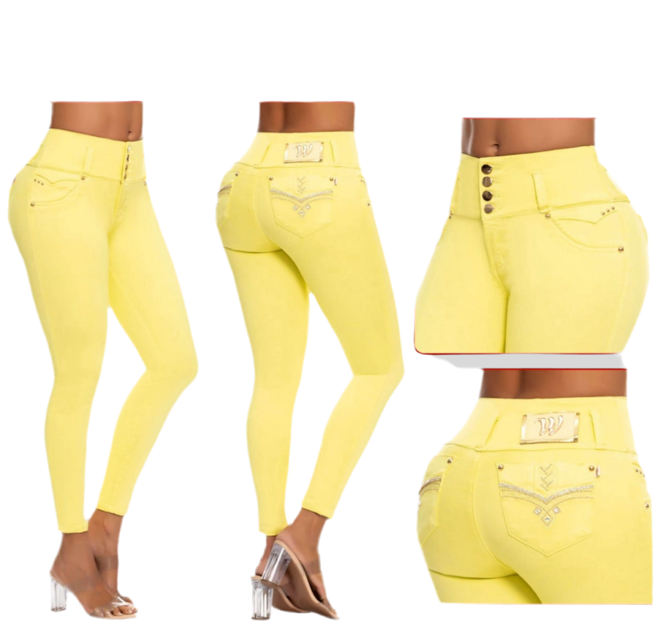 Yellow Stretch Jeans with Chevron Detailing on Back Pocket