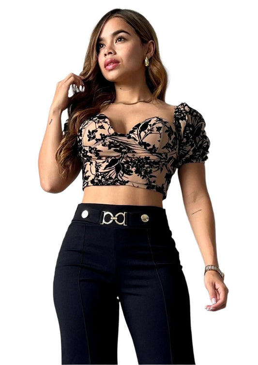 Black and Nude Flower Damask Crop Top