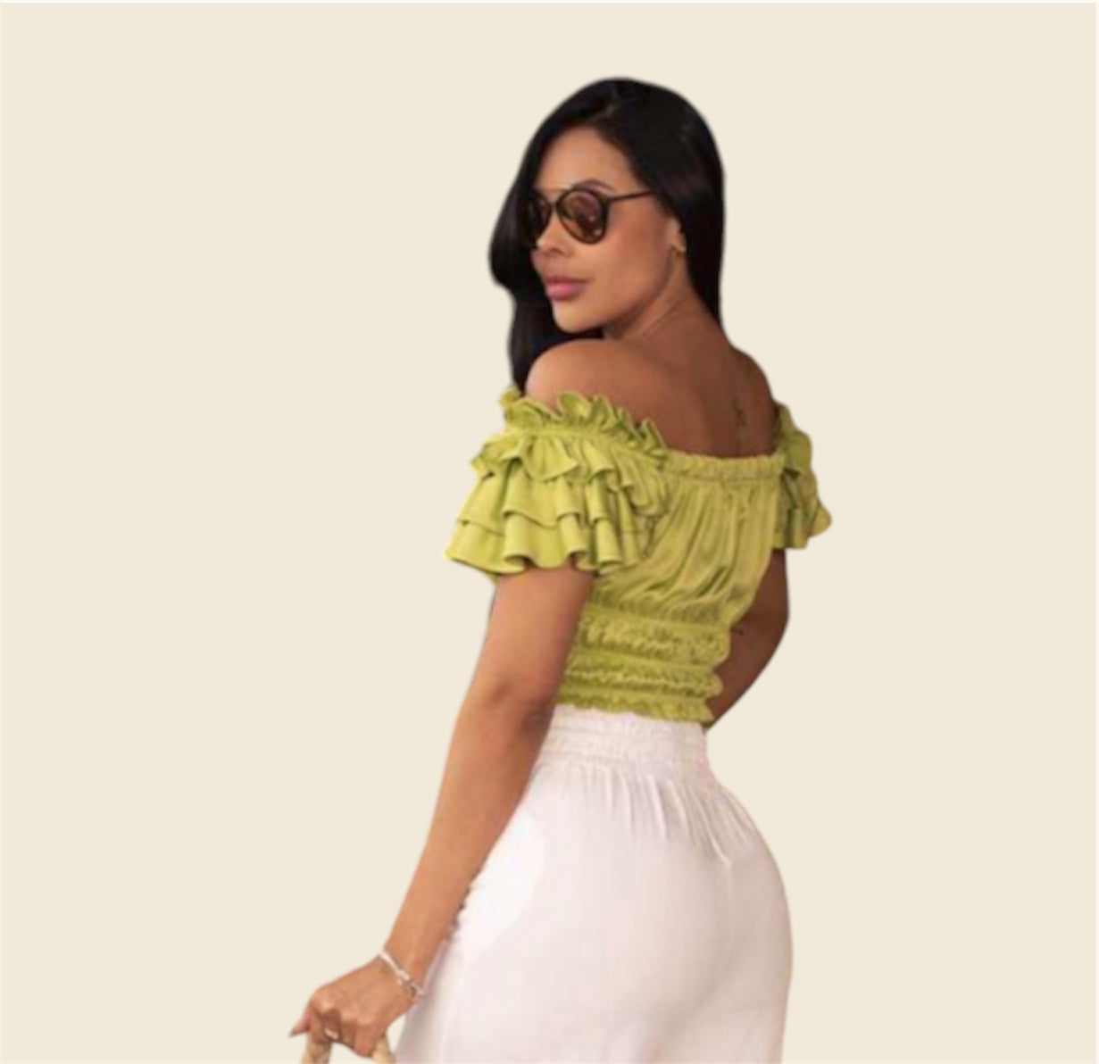 Off-the-Shoulder Chartreuse Ruched Blouse with Tiered Sleeves
