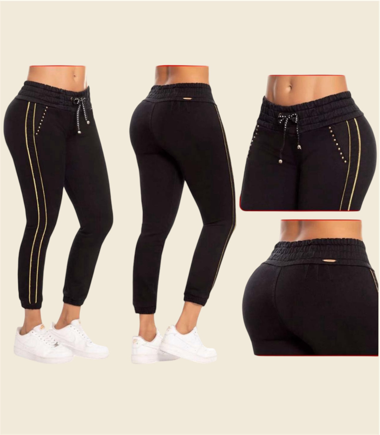 Casual Black Joggers with Gold Tuxedo Stripe