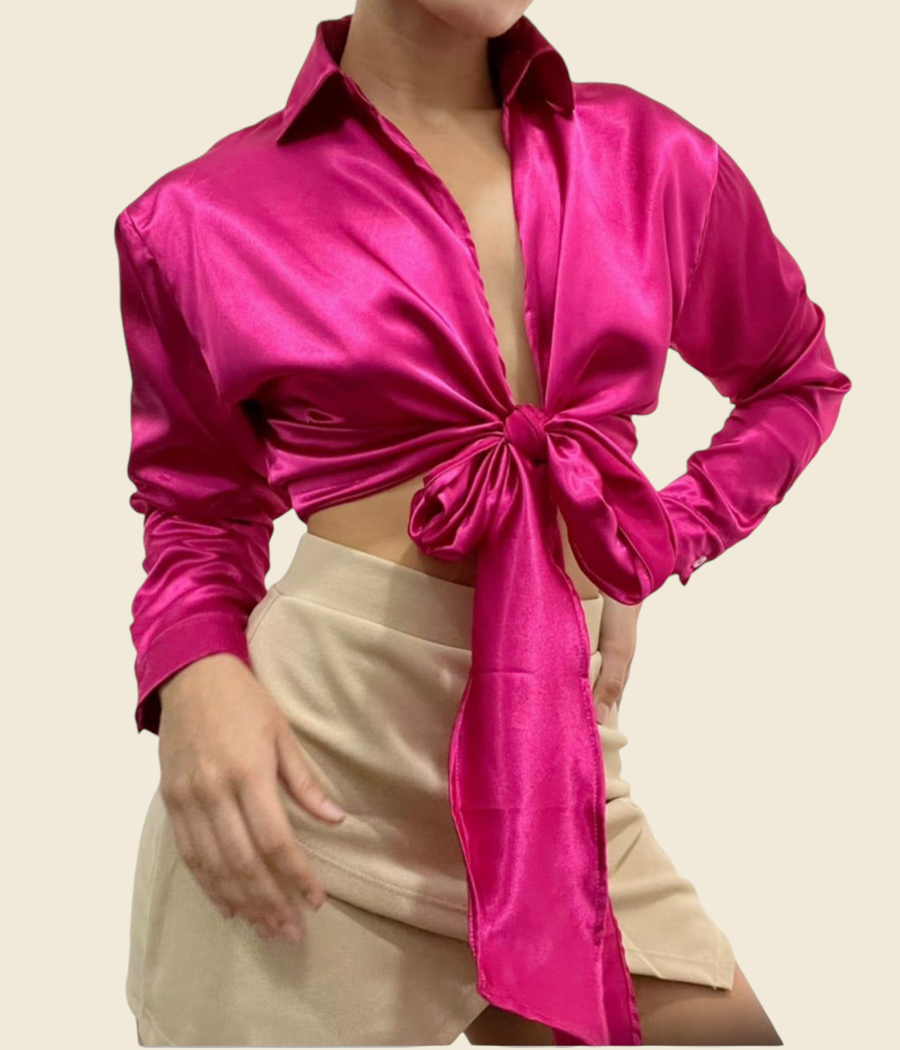 Long Sleeve Blouse Crop Top with Long Bow