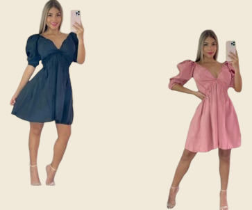 Puff Short-Sleeve V-Neck Dress