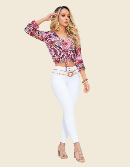 White Comfort Stretch Pants with Brocade Belt