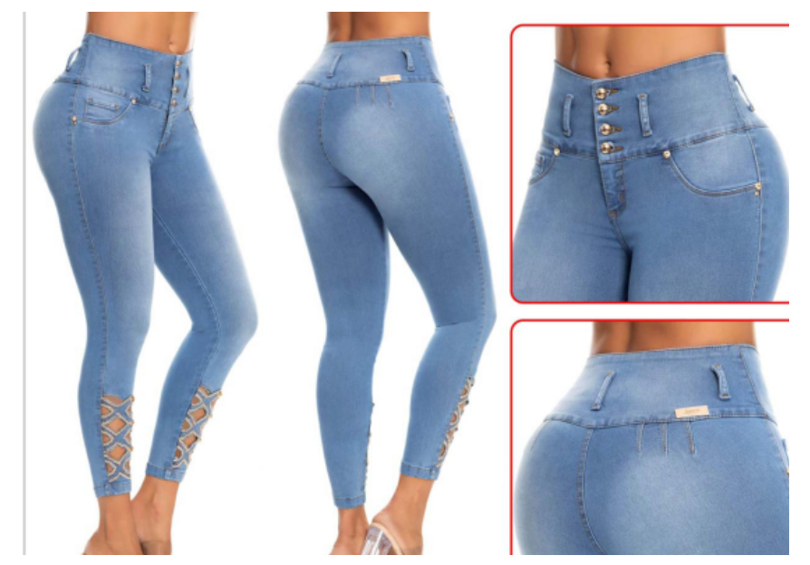 Light Blue Stretch Jeans with Gold Diamond Ankle Cut-out