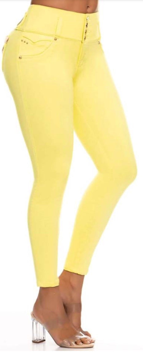 Yellow Stretch Jeans with Chevron Detailing on Back Pocket